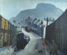 NICK HOLLY acrylic on canvas - South Wales street scene with red shirted child and his friends and