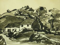 SIR KYFFIN WILLIAMS RA colourwash - Anglesey landscape with cottages, signed with initials and