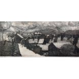 DAVID WOODFORD etching - North Wales quarrying village, entitled 'Bethesda Roofs', signed, 23 x 46