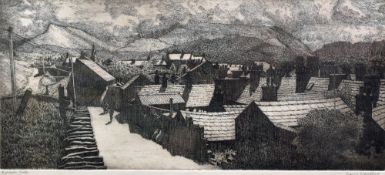 DAVID WOODFORD etching - North Wales quarrying village, entitled 'Bethesda Roofs', signed, 23 x 46