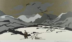 SIR KYFFIN WILLIAMS RA limited edition (83/150) lithograph - farmer in the snow near Pontllyfni,