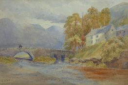 WILLIAM H URWICK watercolour - river scene with fishermen on a bridge, signed and entitled verso '