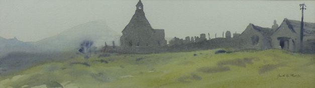 GARETH THOMAS watercolour - misty upland scene with church and churchyard, signed and entitled verso