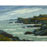 DAVID BARNES oil on board - rocky coastalscape, West Anglesey, signed verso, 45 x 60 cms