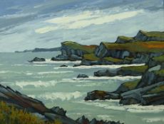 DAVID BARNES oil on board - rocky coastalscape, West Anglesey, signed verso, 45 x 60 cms