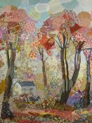 EDRICA HUWS mixed media - large fabric/linen treescape collage with outbuilding, 94 x 70 cms