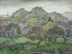 HELEN STEINTHAL two oil paintings on either side of hardboard - 1. mountainous landscape with