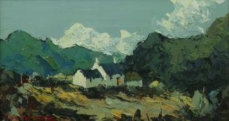 CHARLES WYATT WARREN oil on board - whitewashed Snowdonia cottages, signed, 18 x 33.5 cms