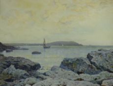JOHN McDOUGAL watercolour - Wylfa Head, Cemaes Bay with boats, signed and dated 1932, 23.5 x 34 cms