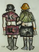 KAREL LEK mixed media - two walking ladies arm in arm, each with a cigarette, signed, 67 x 49 cms (