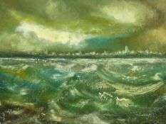 KAREL LEK oil on canvas - dramatic Mersey/Liverpool scene under clouds, signed, 34.5 x 44.5 cms