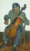 HYWEL HARRIES oil on board - seated cellist at play, signed and dated 1984, 74 x 43 cms