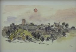 SIR KYFFIN WILLIAMS RA print of a colourwash scene - hilltop windmill and cottages, Glanrafon,