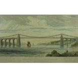 19th Century chromolithograph - Telford's Menai Suspension Bridge having a central title with