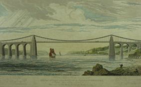 19th Century chromolithograph - Telford's Menai Suspension Bridge having a central title with