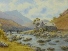 WARREN WILLIAMS ARCA watercolour - Upper Conwy Valley river scene with bridge and figure and semi-