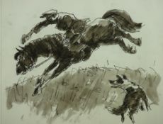 SIR KYFFIN WILLIAMS RA colourwash and ink - a rider on a startled jumping horse with sheepdog on the