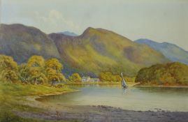 WARREN WILLIAMS ARCA watercolour - Lake District scene 'Derwent Water' with yacht on a river,