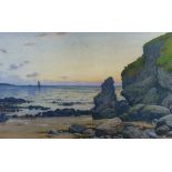 JOHN McDOUGAL coloured print - Porth Padrig, Cemaes Bay at sunset with boats in the distance,