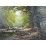 JAMES WILLIAM STAMPER oil on canvas - wooded river scene, signed and entitled to original label