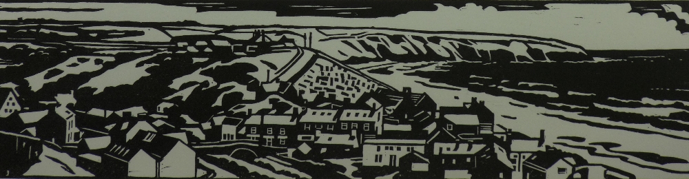 ANNE LEWIS limited edition (2/25) linocut - view of Aberdaron, signed and with Welsh title, 10 x
