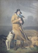 19th Century Welsh School watercolour - full-portrait of a fearful shepherd clutching his crook