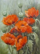 LAURA JOHNSON (of Llandudno Junction) oil on board - still life, study of poppies, signed, 48.5 x