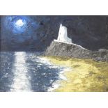 WYN HUGHES oil on board - moonlit Llanddwyn Island lighthouse, signed, 20.5 x 28 cms