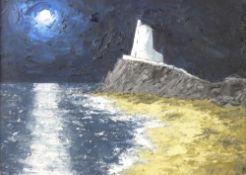 WYN HUGHES oil on board - moonlit Llanddwyn Island lighthouse, signed, 20.5 x 28 cms