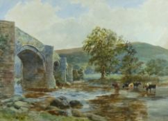 THOMAS COLLIER watercolour - stone bridge over a river with cattle watering, signed and entitled