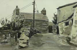 SIR KYFFIN WILLIAMS RA colourwash - houses Bethesda, signed with initials, 24 x 36.5 cms