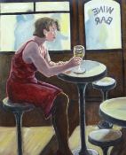 CARL F E HODGSON oil on canvas on stretcher, unframed - woman in red dress seated at a bar table,