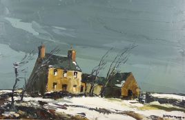 DONALD McINTYRE oil on board - Anglesey farmstead under stormy black skies, signed in full, 50 x