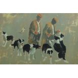 ANEURIN M JONES print - two farmers with their seven sheepdogs, original printed signature, 26 x
