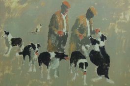 ANEURIN M JONES print - two farmers with their seven sheepdogs, original printed signature, 26 x