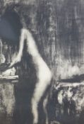 HARRY HOLLAND black and white limited edition (17/33) print - nude lady at a work table, signed,