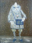 KAREL LEK oil on board - standing clown with automaton, signed, 67.5 x 51 cms