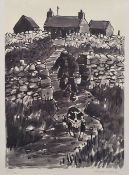 SIR KYFFIN WILLIAMS RA limited edition (83/150) print - farmer carrying a pail with his dog ahead,