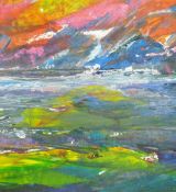 ANN CHADWICK acrylic/mixed media on board - landscape 'Sky Red III', signed, 21 x 21 cms