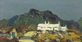 CHARLES WYATT WARREN oil on board - North Wales whitewashed hillside cottage and track, signed, 18 x