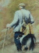 KEITH BOWEN coloured limited edition (8/550) pastel print - farmer with sheepdog, signed, original