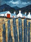 GWYN OWEN acrylic on board - whitewashed Welsh cottages with red door and local slate fence, signed,