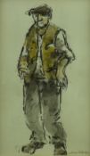 WILLIAM SELWYN mixed media - standing farmer with cap, signed, 20 x 12 cms