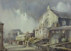 WILLIAM SELWYN watercolour - Talysarn village street, Caernarfon with chapel and figures chatting,