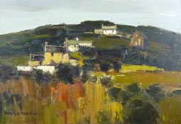 DONALD McINTYRE oil on board - Anglesey hillside scene with numerous cottages and chapel, signed