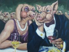 CARL F E HODGSON oil on canvas on stretcher, unframed - satirical impression of two 'pig' diners