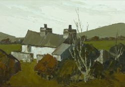 TOM GERRARD oil on board - white washed dwelling in a landscape with trees, signed, 34 x 54 cms