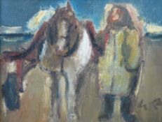 WILL ROBERTS oil on canvas - standing figure with donkey and cart, entitled verso 'Cockle