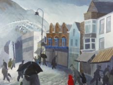 NICK HOLLY acrylic on canvas - winter street scene with figures, signed, 79 x 99 cms