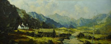 CHARLES WYATT WARREN oil on board - Cwm Pennant track with silver birches and whitewashed cottage